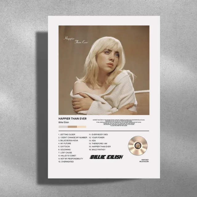 Luxe poster Billie Eilish - Happier Than Ever - Metalen Poster - 30x40cm - album cover brons
