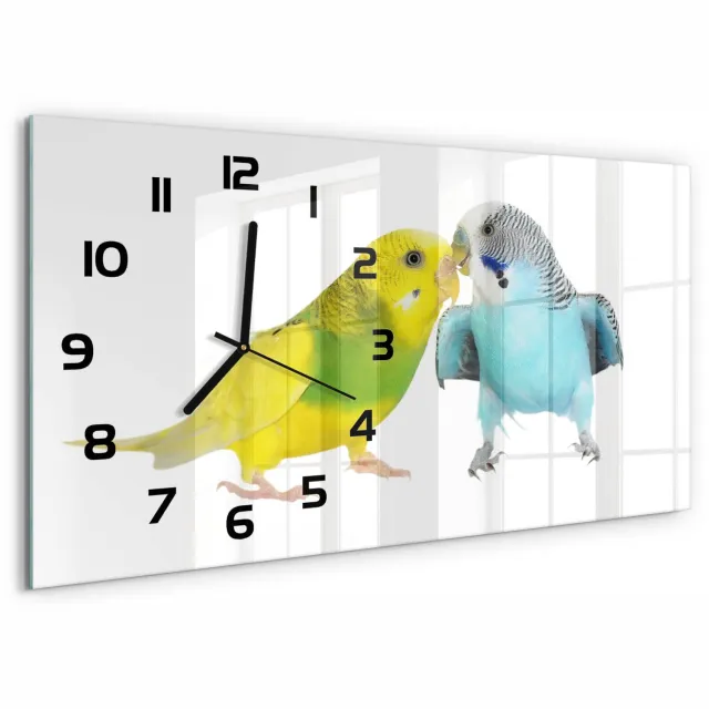 TULUP Wandklok - Parkieten Wandklok Glas Met Motief - 60x30 cm - Veelkleurig Decoratieve Glazen Klok - Zwarte handen - Rechthoekige Klok - Gekleurde Glazen Klok - Glazen Klok Met Print