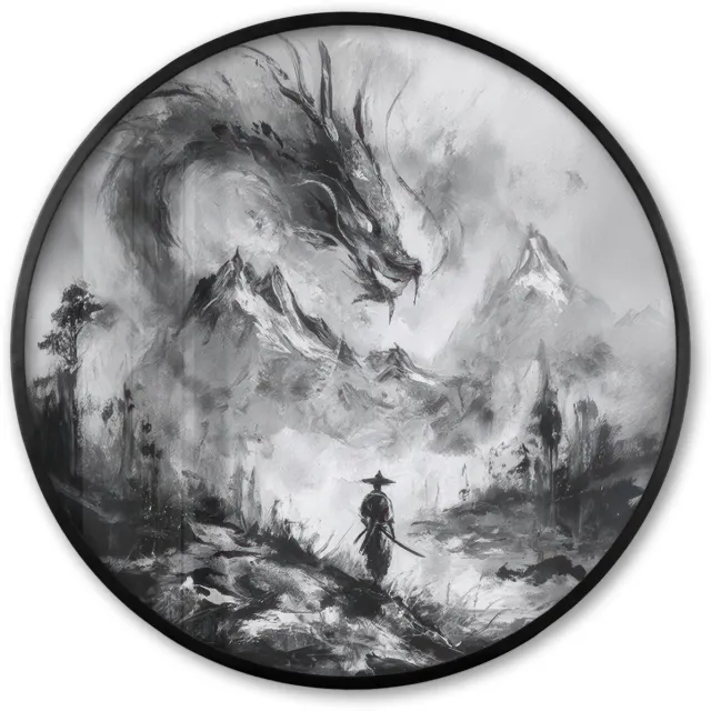 FrameYourWall Poster in lijst Rond - Fotolijst 80x80 cm - Posters - Krijger - Draak - Grijs - Ronde posterlijst zwart - Decoratie - Wanddecoratie woonkamer - Muurdecoratie slaapkamer