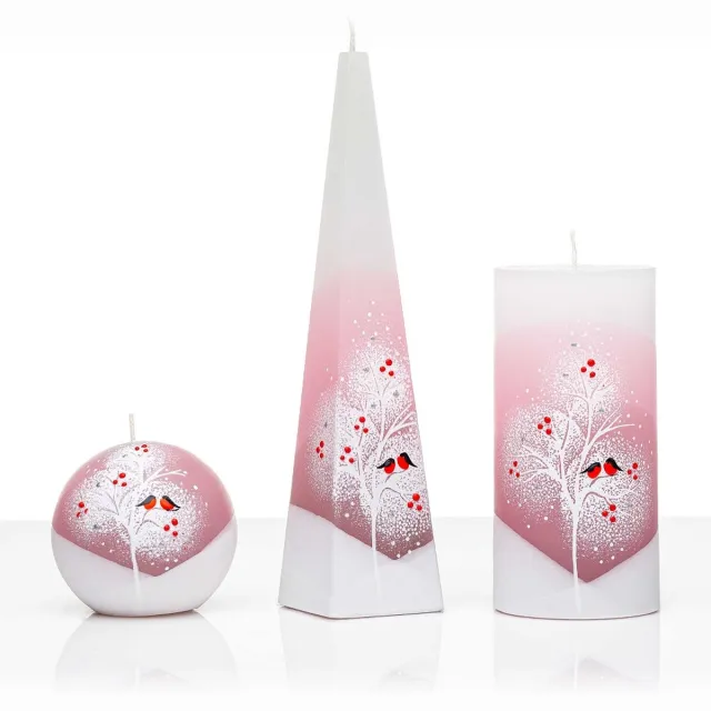 Jakelis Kaarsen Set - Handgeschilderd - Sneeuw en vogels - kerst - kaars - kerstverlichting Oud roze
