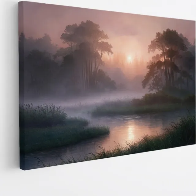 Saammp Canvas Schilderij - Natuur - Mistig Landschap - 45x30 - Foto op canvas - Wanddecoratie - Muurdecoratie Woonkamer - Slaapkamer decoratie - Canvas Print Multicolor