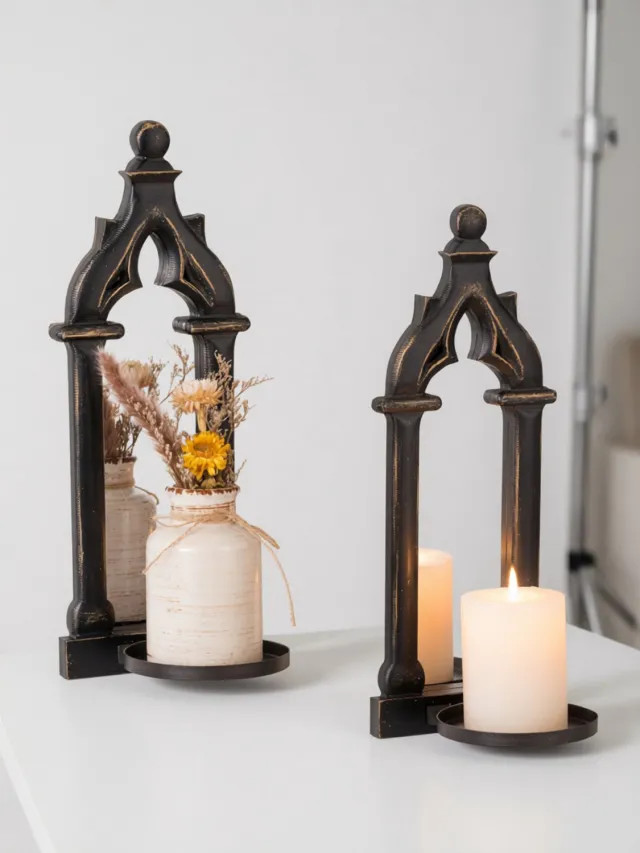 RALA Kandelaars Zwart Wanddecor - Gotisch Houten Kaarsenhouder met Spiegel - Set van 2 Wandkandelaars voor Binnen