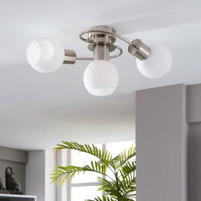 Lindby plafondlamp - 3lichts - Glas, metaal - H: 17.5 cm - E14 - wit, nikkel gesatineerd