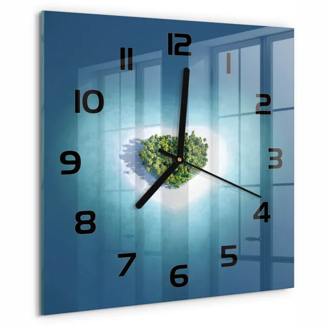 TULUP Wandklok - Hartvormig eiland Moderne Wandklok Glas - 30x30 cm - Blauw Wandklok Glas Decoratie - Zwarte handen - Vierkante Klok - Glazen Wandklok Design - Klok Glas Met Opdruk
