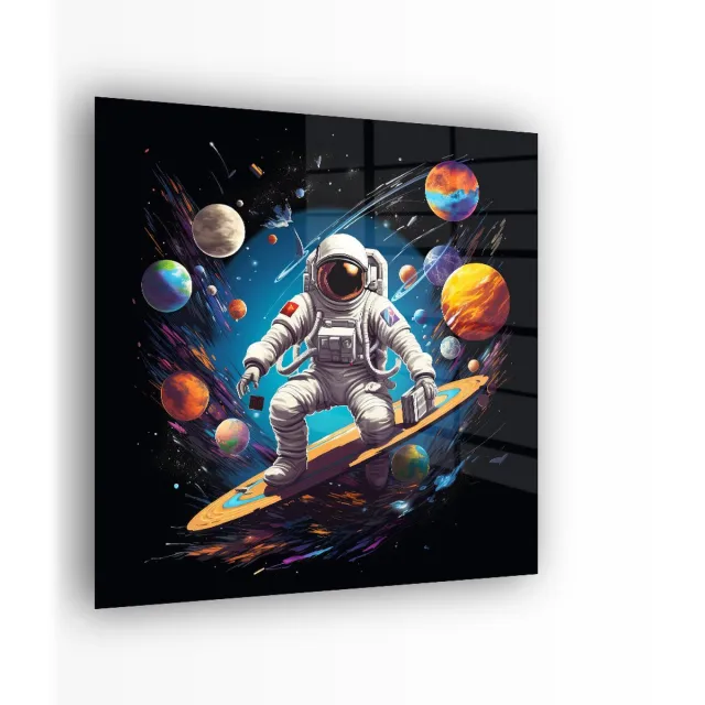 Indoorart Glasschilderij Spacesurfer 50x50 CM - Afbeelding op plexiglas - Inclusief montagemateriaal zwart, wit, oranje, blauw, rood