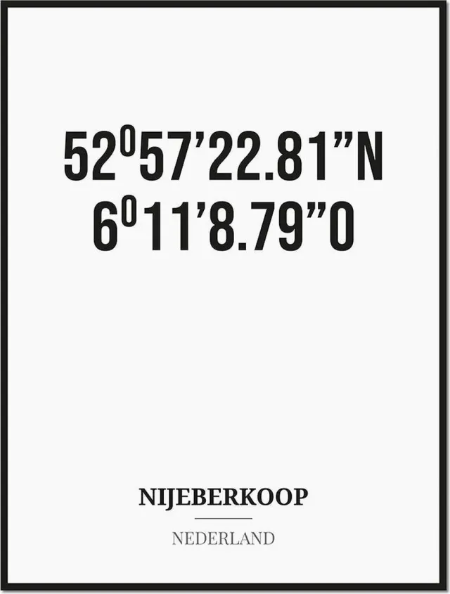 Studio216 Poster/kaart NIJEBERKOOP met coördinaten zwart, wit