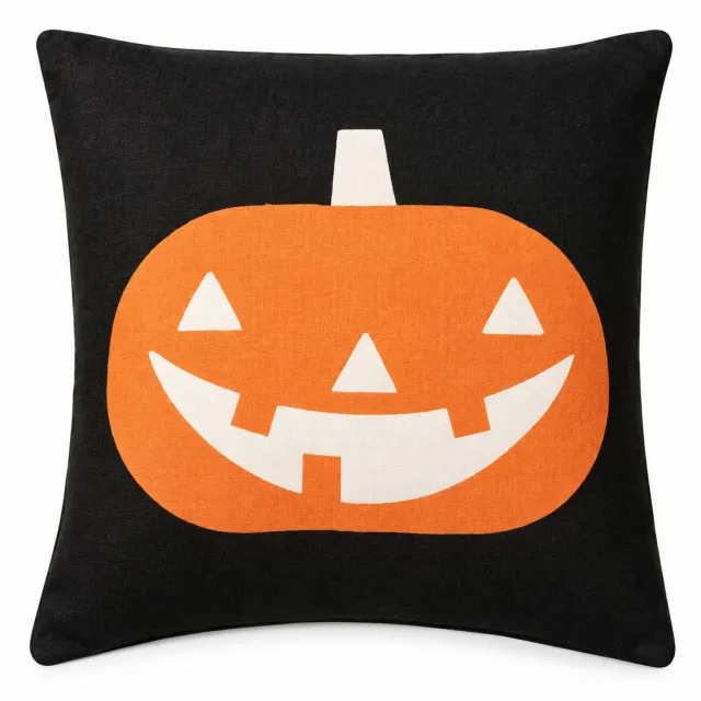 SWGOTA Sierkussenhoes 45 x 45 cm van linnen - Zwart met oranje pompoengezicht - Vierkante decoratieve hoes voor bank en bed