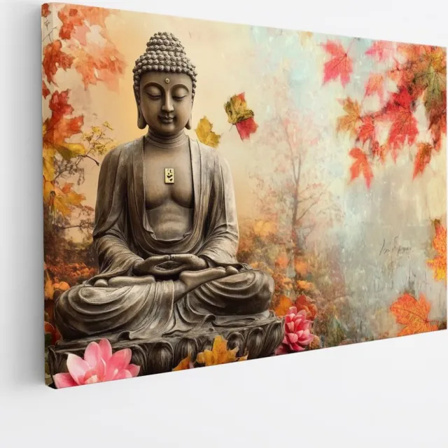 Saammp Canvas Schilderij - Boeddha met vlinders en herfst bladeren - Abstract - 90x60 - Foto op canvas - Wanddecoratie - Muurdecoratie Woonkamer - Canvas schilderijen Multicolor