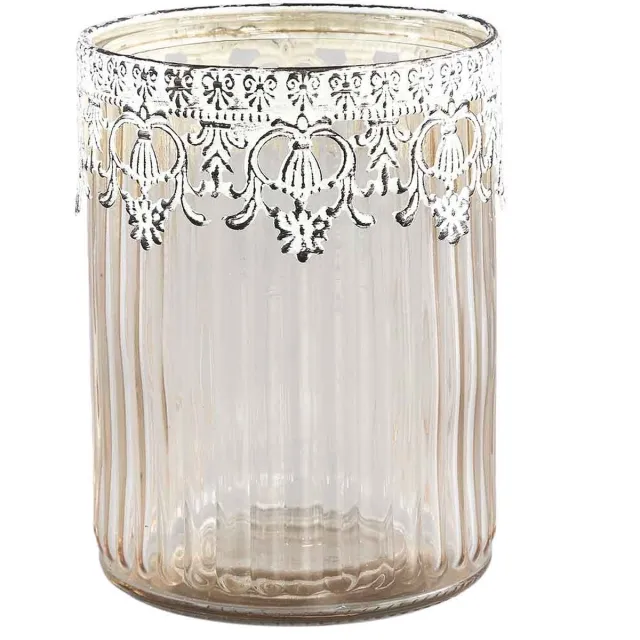 PTMD COLLECTION PTMD Chriss Rond Windlicht - H14,5 x Ø11 cm - Glas - Wit Bruin