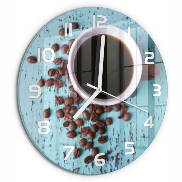 TULUP Wandklok - Zwarte koffie Decoratieve Glazen Klok - fi30 cm - Bruin Glazen Wandklok Design - Witte handen - Ronde Klok - Glazen Klok Met Print - Wandklok Glas Met Motief