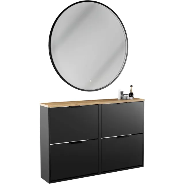 Planetmöbel STIVIO - Schoenenkast 60 cm - Zwart - Set van 2 met 2 kleppen - LED-spiegel VELUNA ⌀ 100 cm 2 kleppen, Zwart, Veluna 100 cm