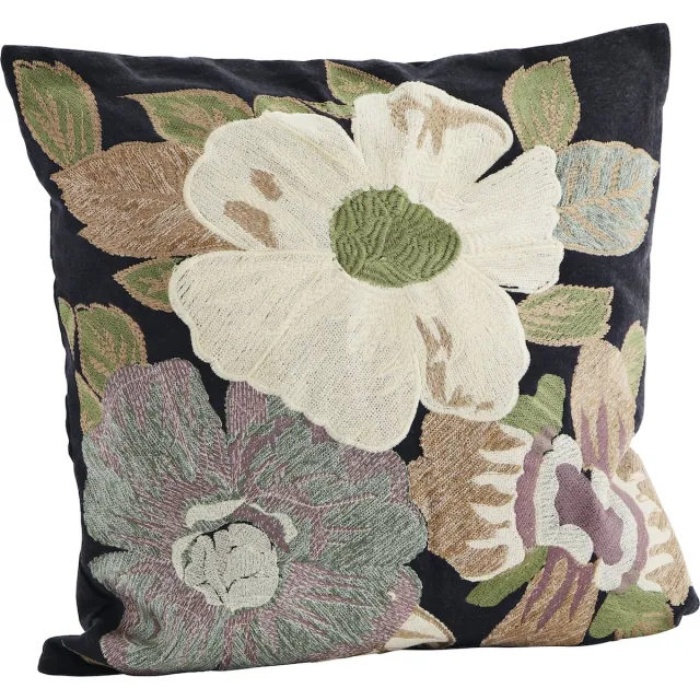 Madam Stoltz Kussenhoes Bloemen geborduurd katoen 50x50cm Zwart
