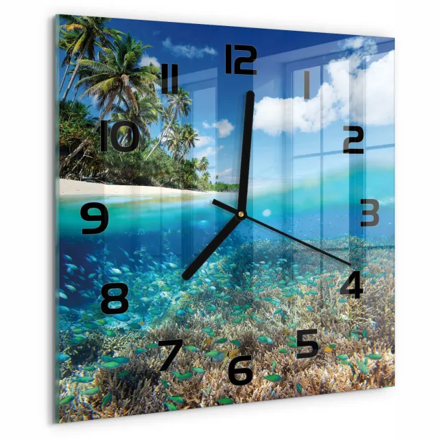 TULUP Wandklok - Koraalrif Moderne Wandklok Glas - 30x30 cm - Blauw Wandklok Glas Decoratie - Zwarte handen - Vierkante Klok - Glazen Wandklok Design - Klok Glas Met Opdruk