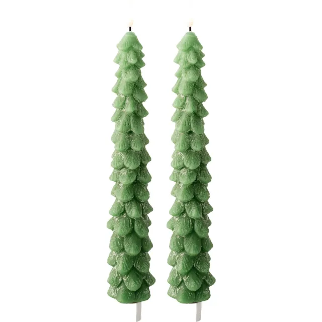 Lumineo LED kerstboom dinerkaars - 2x - groen - 29 cm - batterijen - timer - kerstdiner kaars - kaarsen - kerstkaarsen kerstdiner