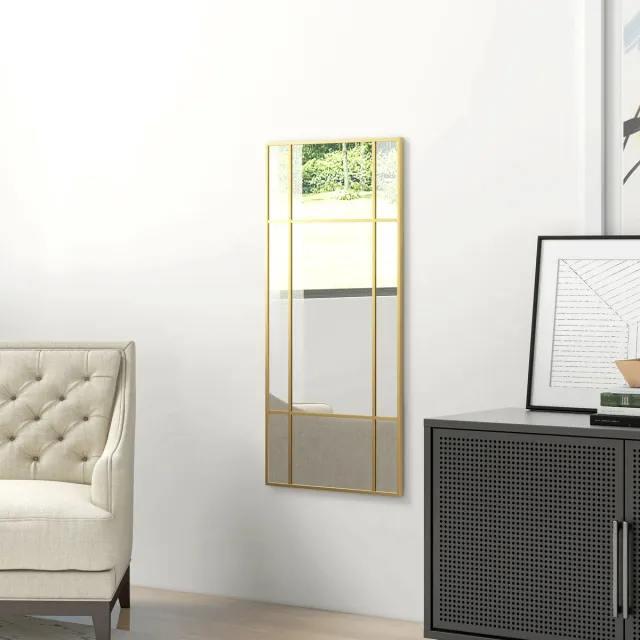 OKWISH Spiegel Met Rasterdesign 110 X 50 Cm Gouden Metalen Lijst Rechthoekig Wandspiegel Voor Binnen Met Vier Achterhaken Gold