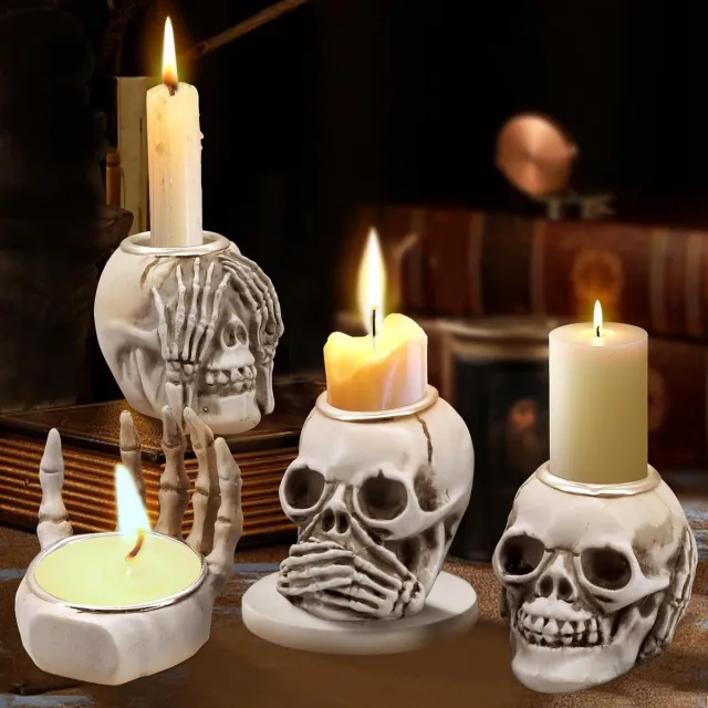 Cheuryae 4 stuks schedel kandelaar - menselijke schedel decoratie set - schedel theelicht kaarsenhouder - decoratieve kaarsenhouder voor Halloween feest decor - tafeldecoratie Wit