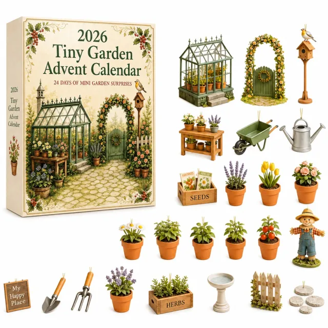 SWGOTA Adventskalender 2026 met 24 miniatuurhangdecoraties - Tuinderskas en tuinthema - Verpakking 26 x 18 x 3 cm Meerkleurig
