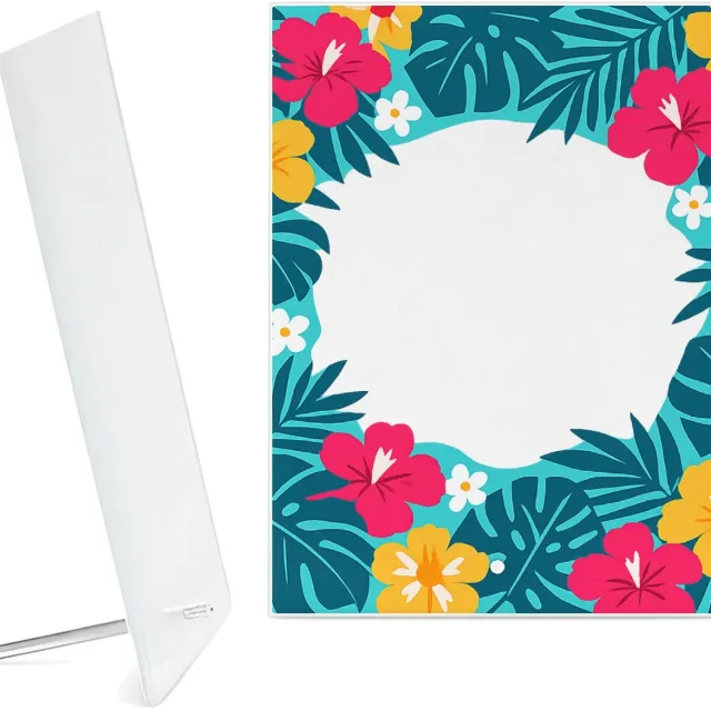Mr Cadeautjes Glazen fotopaneel Fris botanisch herhaalpatroon met een speels centraal labelv - 15 x 20 cm, staand - glas, decoratie, wanddecoratie | cadeau Wit