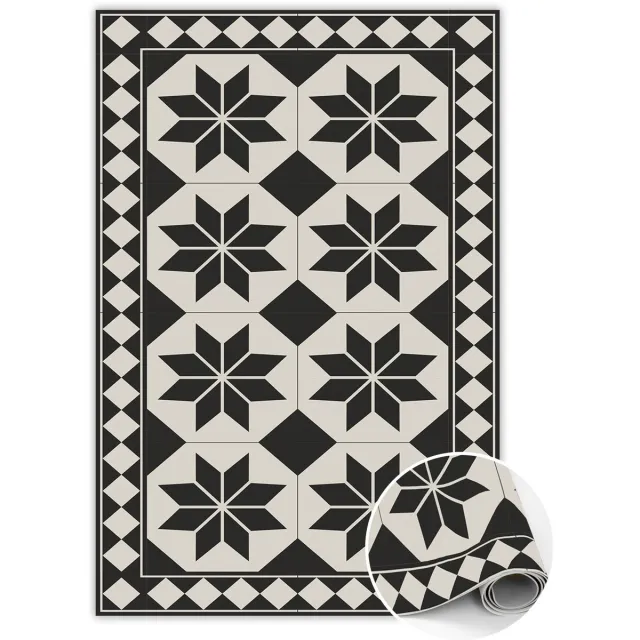 TULUP Vinyl Tapijt - Zwart - witte sterren PVC Mat - 120 x 180 cm - Zwart En Grijs PVC Vloer Mat - Vloerkleed Vinyl - PVC Tapijt - Woonkamertapijt - Slaapkamertapijt Zwart en Grijs Zwart-Witte Sterren