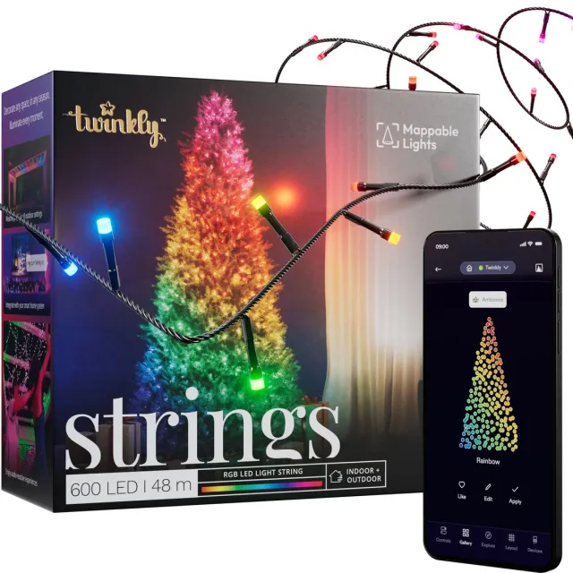Twinkly Strings Lichtsnoer - 48M - LED - 600LED RGB - Dimbaar - Binnen & Buiten - Bluetooth of Wifi - Werkt met Homekit, Homey, Google Home en Razer Chroma - Zwart