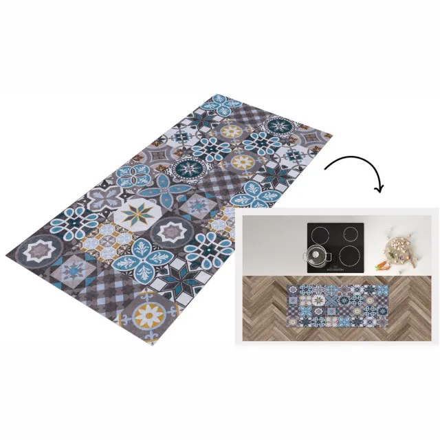 KitchenYeah Keukenloper - Loper keuken - Bloemen - Patronen - Blauw - Bruin - Keukenloper vinyl Multicolor