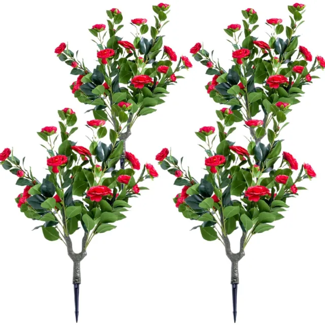 Triumpunpre Set van 4 Kunstmatige Bloemenstruiken met Grondpen – Rode Bloemen met Groene Bladeren – Kunstplant voor Buiten 90 cm – PE – Onderhoudsvrij – Tuin, Terras & Entree