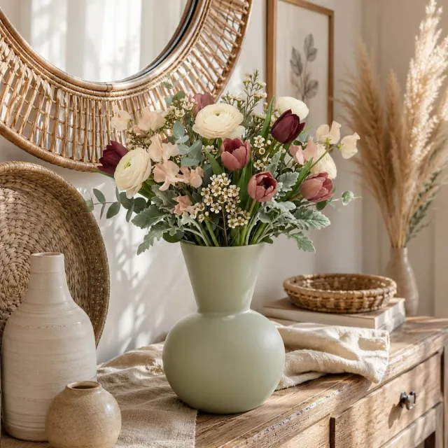 Bellatio Design bloemenvaas Harlem - kaky groen - mat glas - 21 x 30 cm - glazen vazen Beige