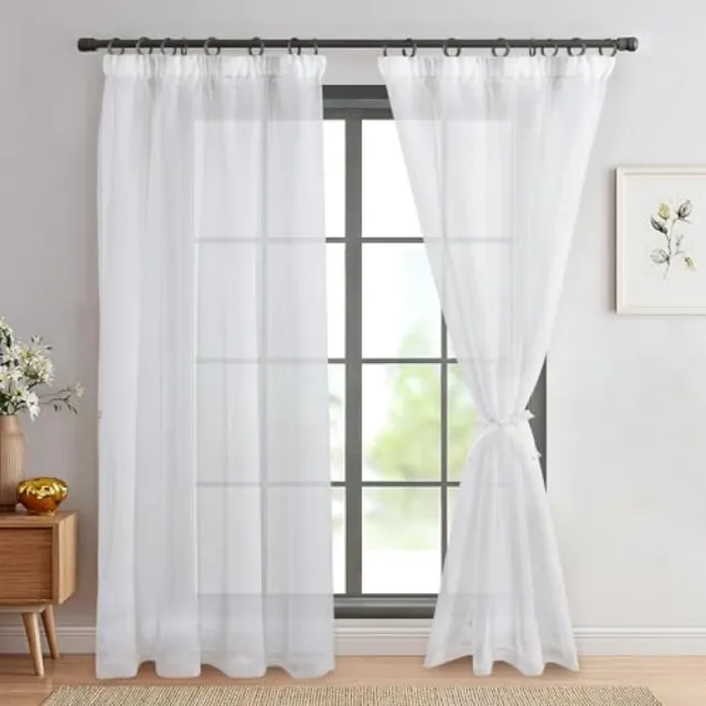 ShawnQ Voile Gordijnen Linnenlook Halfdoorzichtig 2 Stuks met Rimpelband - Wit 225x140 cm