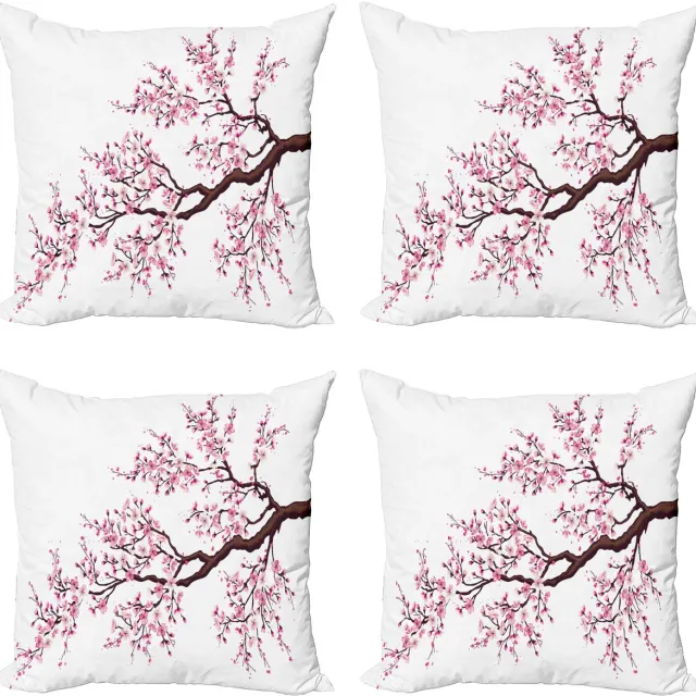 ABAKUHAUS Japan Sierkussen Kussenhoes 4er Set, Sakura Zweig Bloesems, Modern Accent Dubbelzijdige Digitale Print, 40 x 40 cm, Roze Donkerbruin