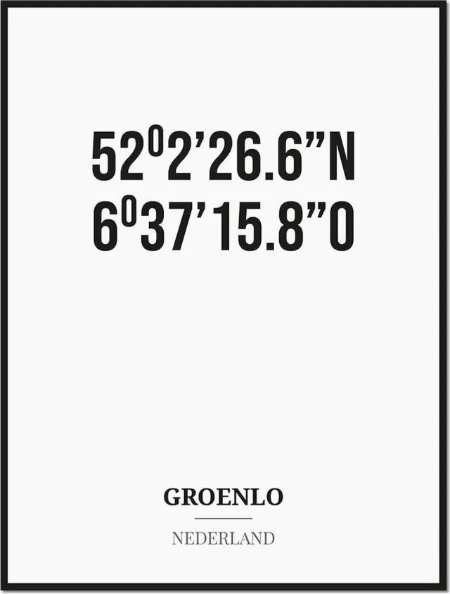 Studio216 Poster/kaart GROENLO met coördinaten zwart, wit