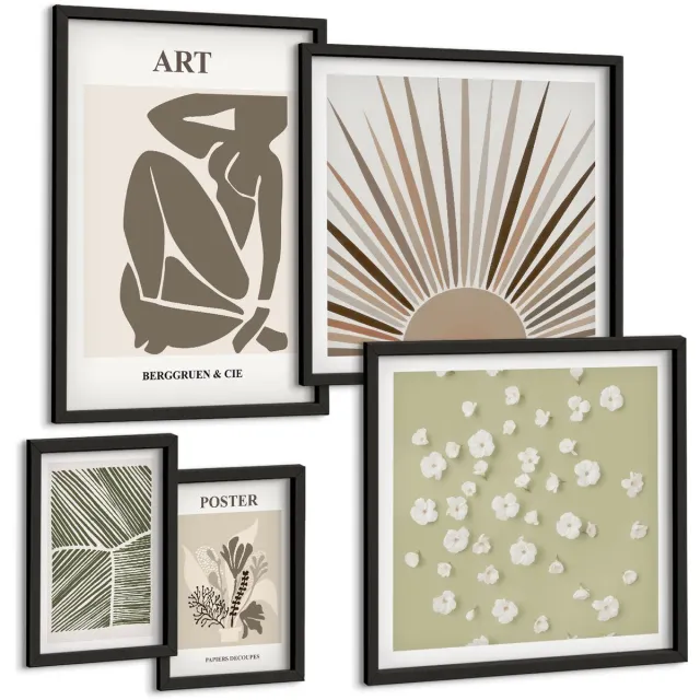 TULUP 4-Delige Schilderij Set - Stijlvolle afbeeldingen met plantmotieven en abstracte elementen. - 50 x 50 cm, 20 x 30 cm en 40 x 60 cm - Wanddecoratie - Schilderijen Set - Kantoor - Muurdecoratie Zwarte lijst