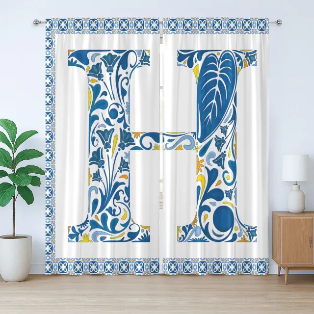 ABAKUHAUS Rustiek gordijn met letter H, Azulejo frame, geplooid gordijn met lussen en haken voor de slaapkamer, 280 x 175 cm, blauw geel oranje