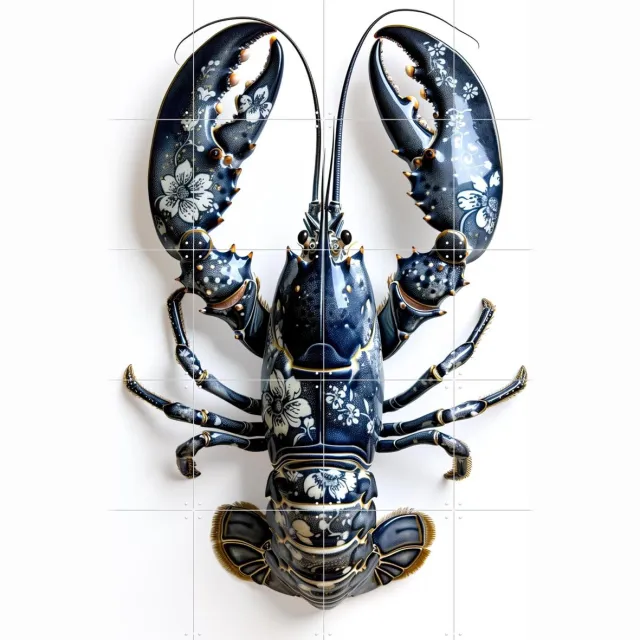 IXXI Lobster in Delft Blue Floral Porcelain Style, OTTI - 80 x 100 cm - Grote wanddecoratie en posters - Ornamenteel Ontwerp, Modern, Strandhuis Wit / Blauw