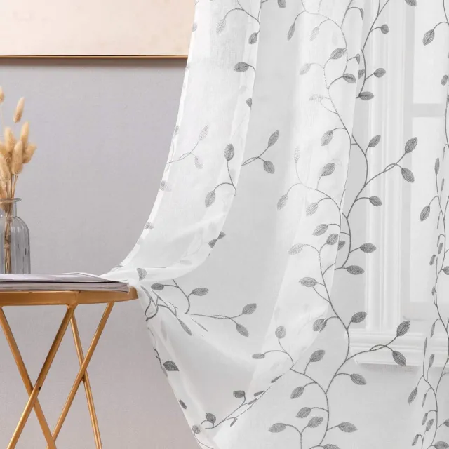 Ibenzoa Stijlvolle Transparante Gordijnen met Geborduurde Bloemen voor Woon- en Slaapkamer, Set van 2 Bladeren grijs