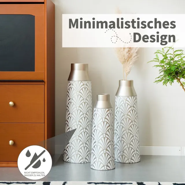 HAUSS SPOLE Vaas – Set Van 3 Met Waaierreliëf – 43,5/51/61 Cm – Metaal – Wit En Zilver – Voor Woonkamer, Hal En Entree