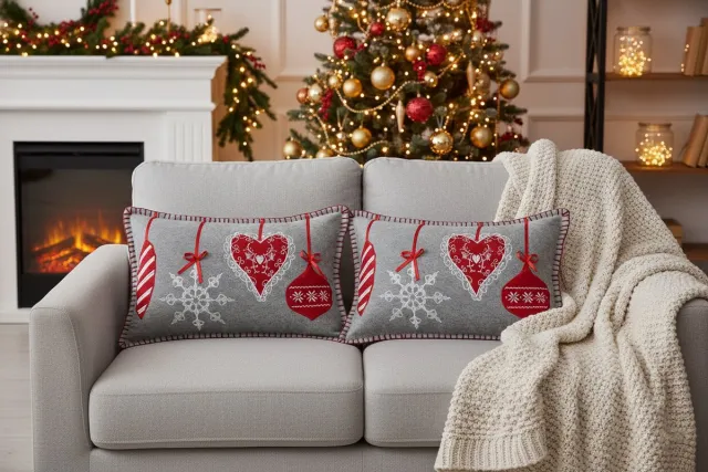 Urbane Hide Kerstkussen Set van 2 Kussenhoezen Geborduurd & Patchwork met Hangende Ornamenten - Rechthoekige Kussenhoesjes voor Kerst - Kerstkussens Nordic Design - 30x50 cm - Wol Kussenhoes - Grijs/Rood & Wit - Zonder Binnenkussen Rode Harten