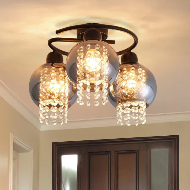 NETTLIFE Plafondlamp E27 - Kristal - Rookgrijs - 3-Lichts - met Glas Lampkap - Moderne Plafondverlichting - voor Eetkamer | Slaapkamer | Woonkamer - Max.25W-excl. lichtbron Zwart