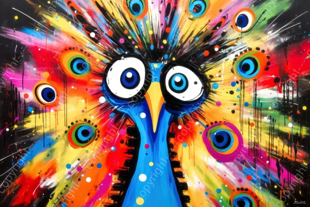 John Joseb Art (Canvas) 120x80 | Gekke pauw, abstract in Herman Brood stijl, kleurrijk, felle kleuren, kunst | vogel, dier, rood, oranje, groen, geel, blauw, modern | Foto-Schilderij canvas print (wanddecoratie) Canvas, dikte 2 cm