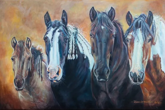 Ton van der Weerden Trekpaarden schilderij TW36 - Foto - Ton van der Weerden - Fine Art Print op fotokwaliteit papier - 70 x 100 cm bruin