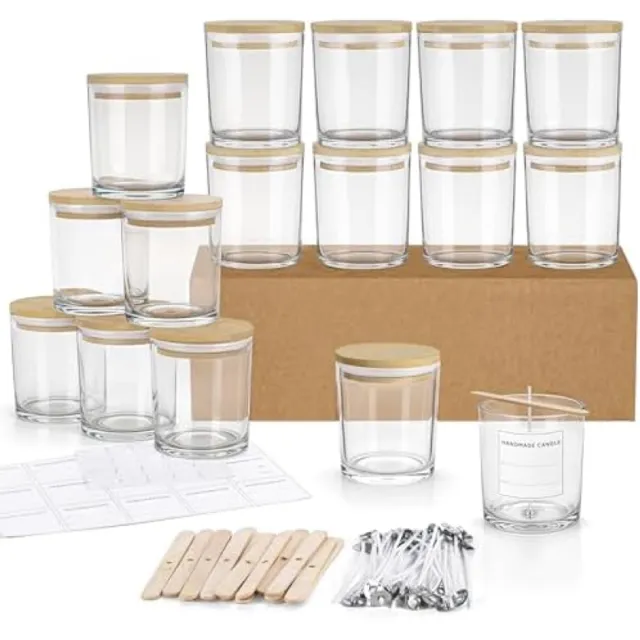 PromoHome Glazen Kaarsen Potten Set met Deksels - 16 Stuks Complete Kaars Maak Kit Inclusief Lonten, Stickers en Labels - Ideaal voor Zelfgemaakte Geurkaarsen - Transparant