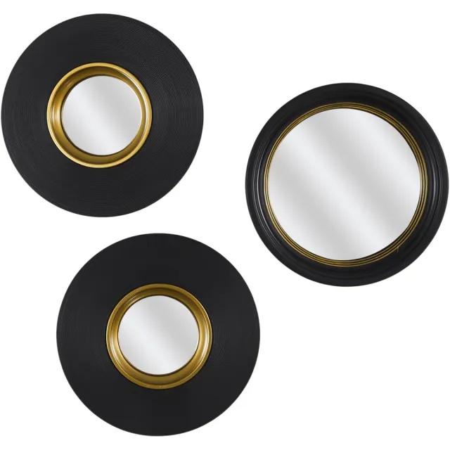 HOME DECO FACTORY wandspiegel set - 3x stuks - rond - D25,5 - zwart/goud - kunststof - decoratie spiegels