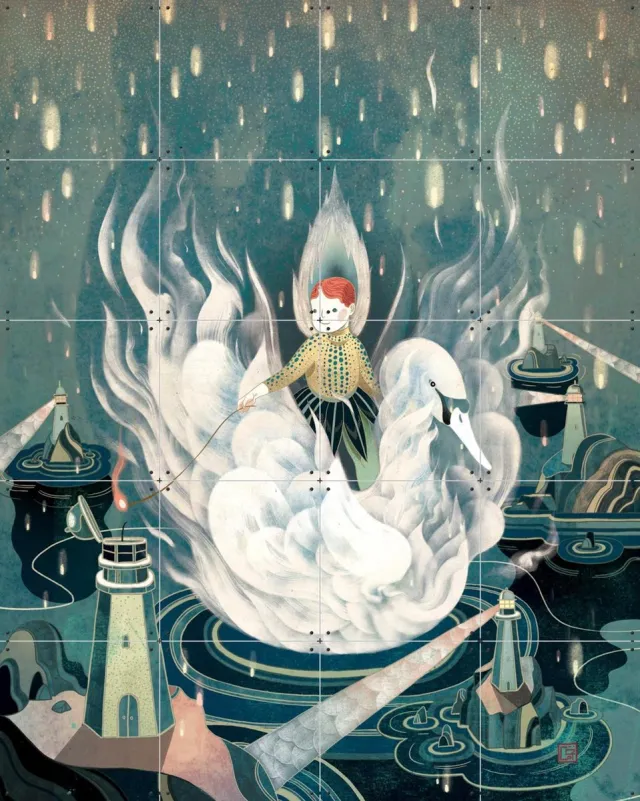 IXXI Enlightened, Victo Ngai - 80 x 100 cm - Grote wanddecoratie en posters - Digitale Kunst, Grafisch Ontwerp, Speels, Illustraties, Woonkamer Blauw / Warme kleuren