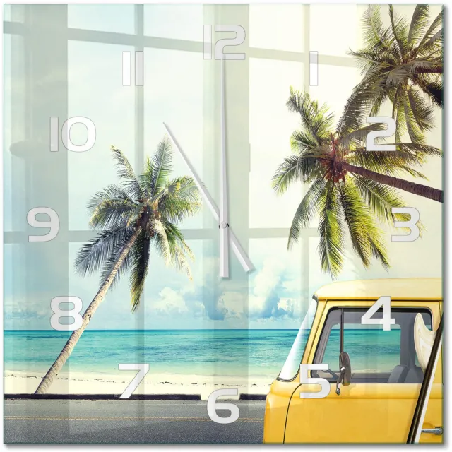 TULUP Wandklok - Van Beach Klok Glas Met Opdruk - 60x60 cm - Geel Moderne Wandklok Glas - Witte handen - Vierkante Klok - Decoratieve Glazen Klok - Glazen Wandklok Design