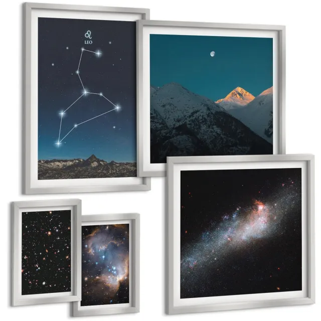 Coloray 5-Delige Schilderij Set - Sterrenbeeld Leeuw, Melkwegstelsel En De Ruimte - 20 x 30 cm - Moderne Wanddecoratie - Slaapkamer - Muurdecoratie Zilveren lijst
