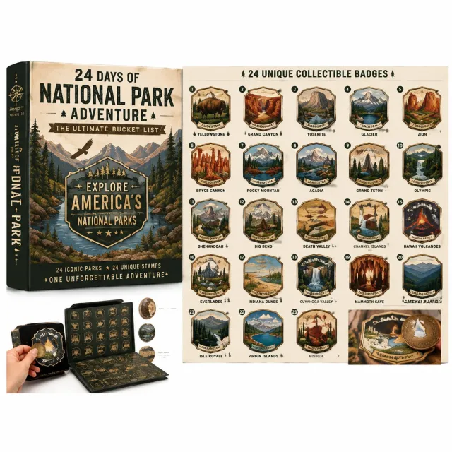 SWGOTA Adventskalender met nationaleparken-thema, 24 verzamelbadges, 26 x 18 x 3 cm Beige