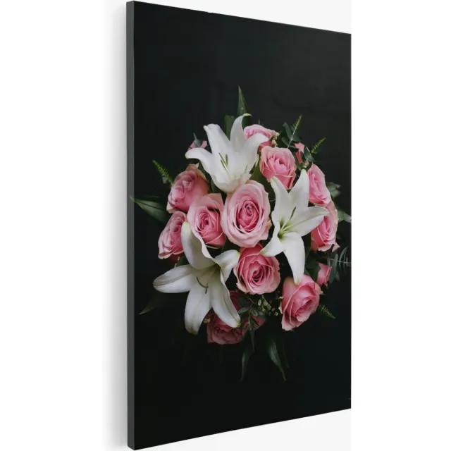 Saammp Canvas Schilderij - Roze Rozen met grote witte bloemen - Abstract - 30x45 - Foto op canvas - Wanddecoratie - Muurdecoratie Woonkamer - Kantoor Decoratie Multicolor
