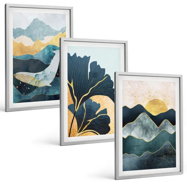 Coloray 3-Delige Schilderij Set - Abstracte Esthetische Vergezichten Met Bergen En Planten - 40 x 60 cm - Wanddecoratie - Muurdecoratie - Moderne Interieurdecoratie - Interieur Decoratie Zilveren lijst
