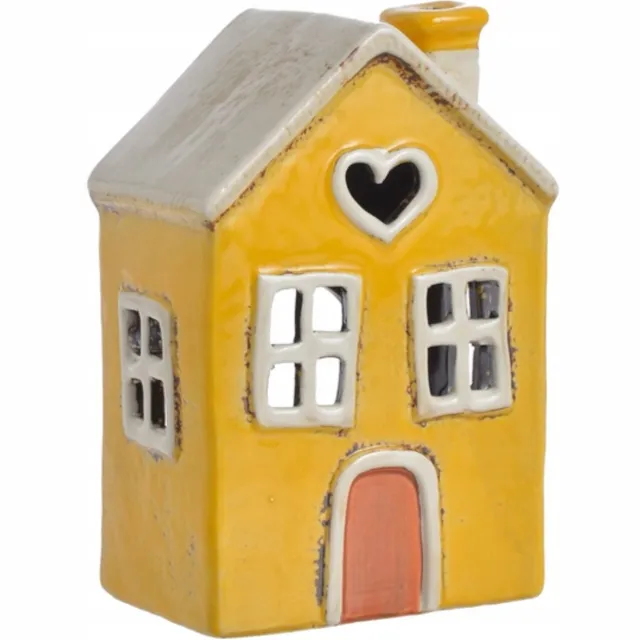 Canea Gele Keramische Huisje - Theelichthouder voor Sfeer Geel/Beige met bruine accenten