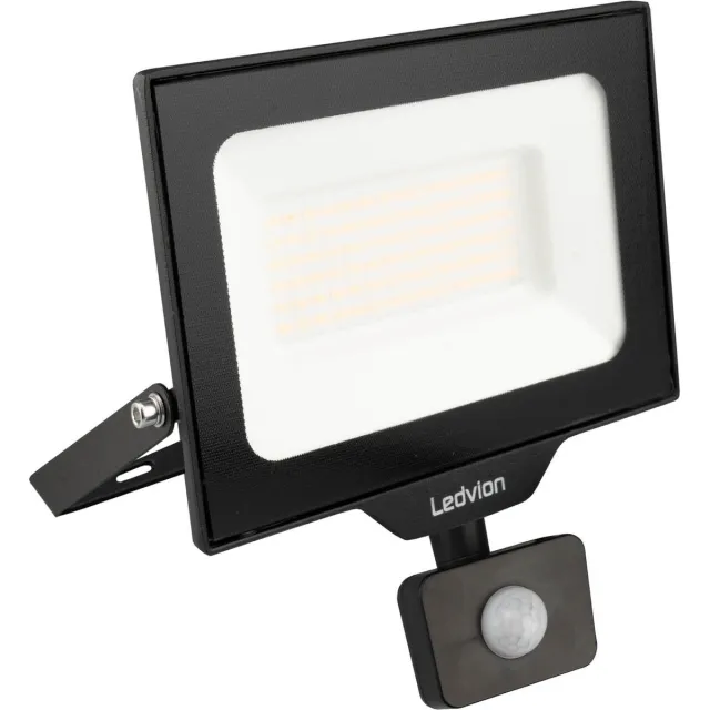 LEDVION Performance LED-schijnwerper buiten, Met Sensor, IP65, 50W, 135lm/w, koel wit, 6500K, superhelder, breedstraler, buitenlamp Zwart