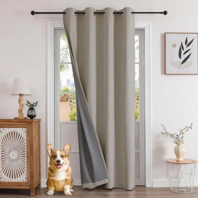 Famanu 100% ondoorzichtige gordijnen met linnenlook, deurgordijn en verduisterende gordijnen met oogjes, thermo en koudebescherming, 210 x 132 cm Zwart